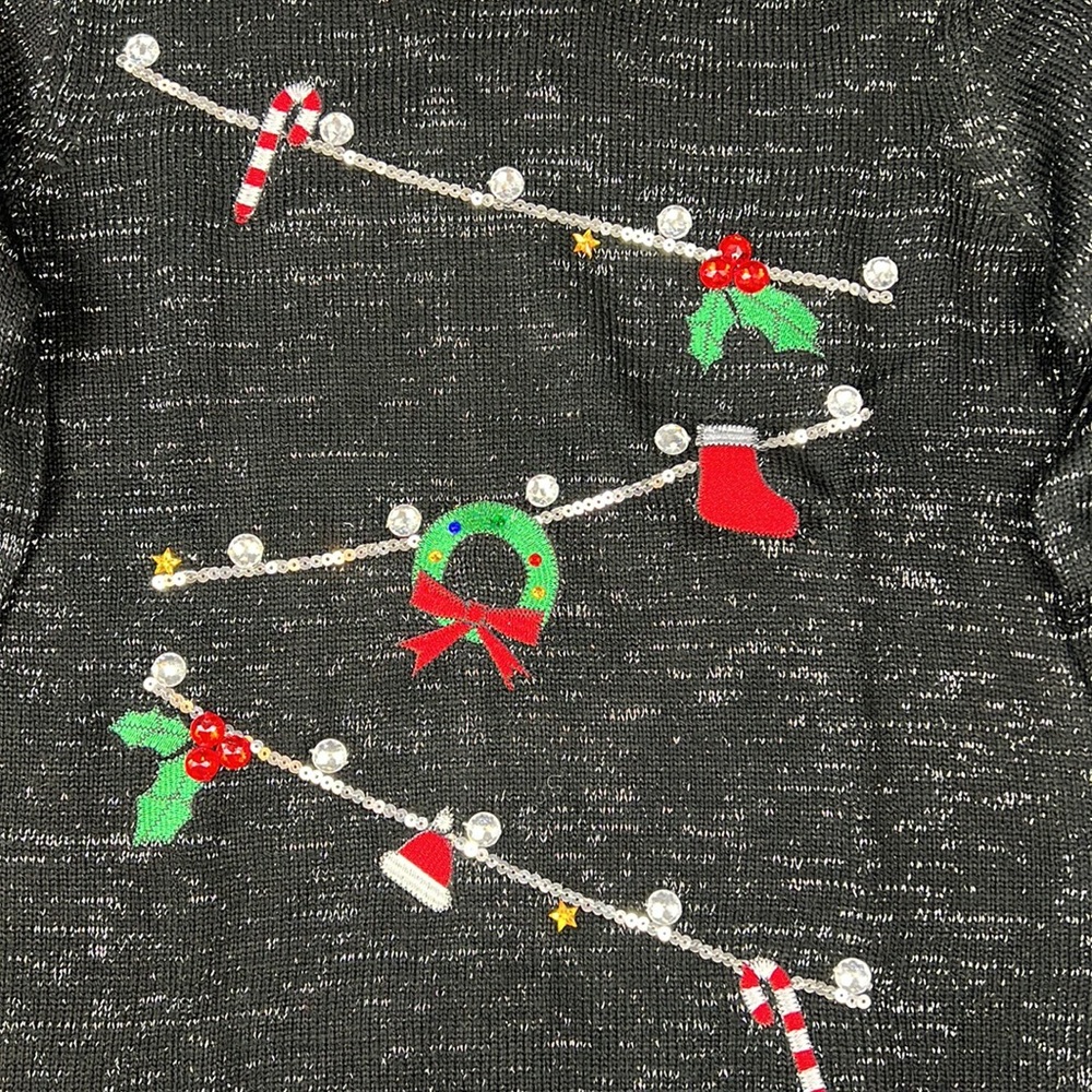 Black & Silver Metallic Christmas Xmas Holiday Sweater Petite Size Large - Picture 4 of 5